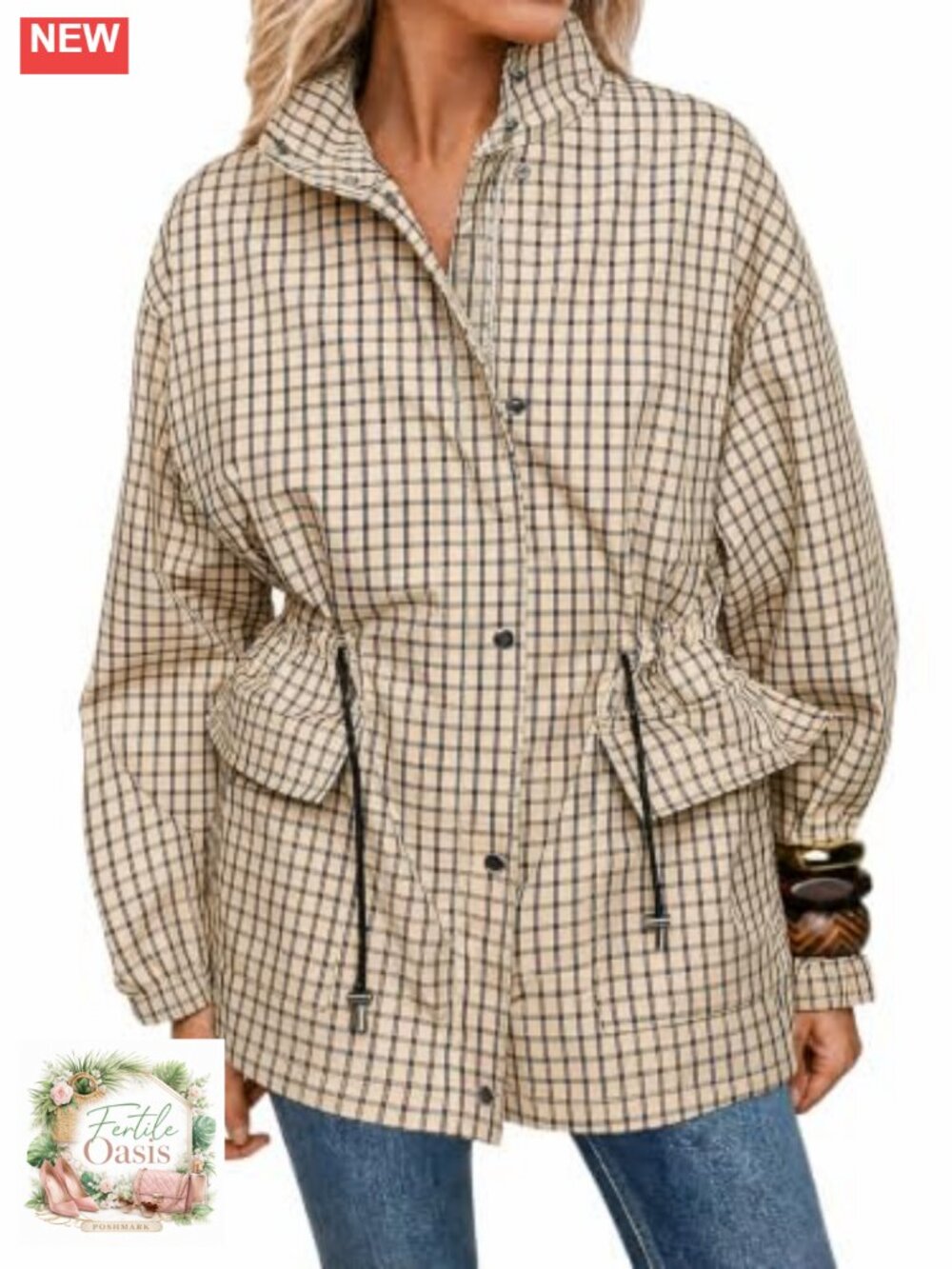 Womens Plaid Zip Up Jacket Casual Windproof Trench Coat